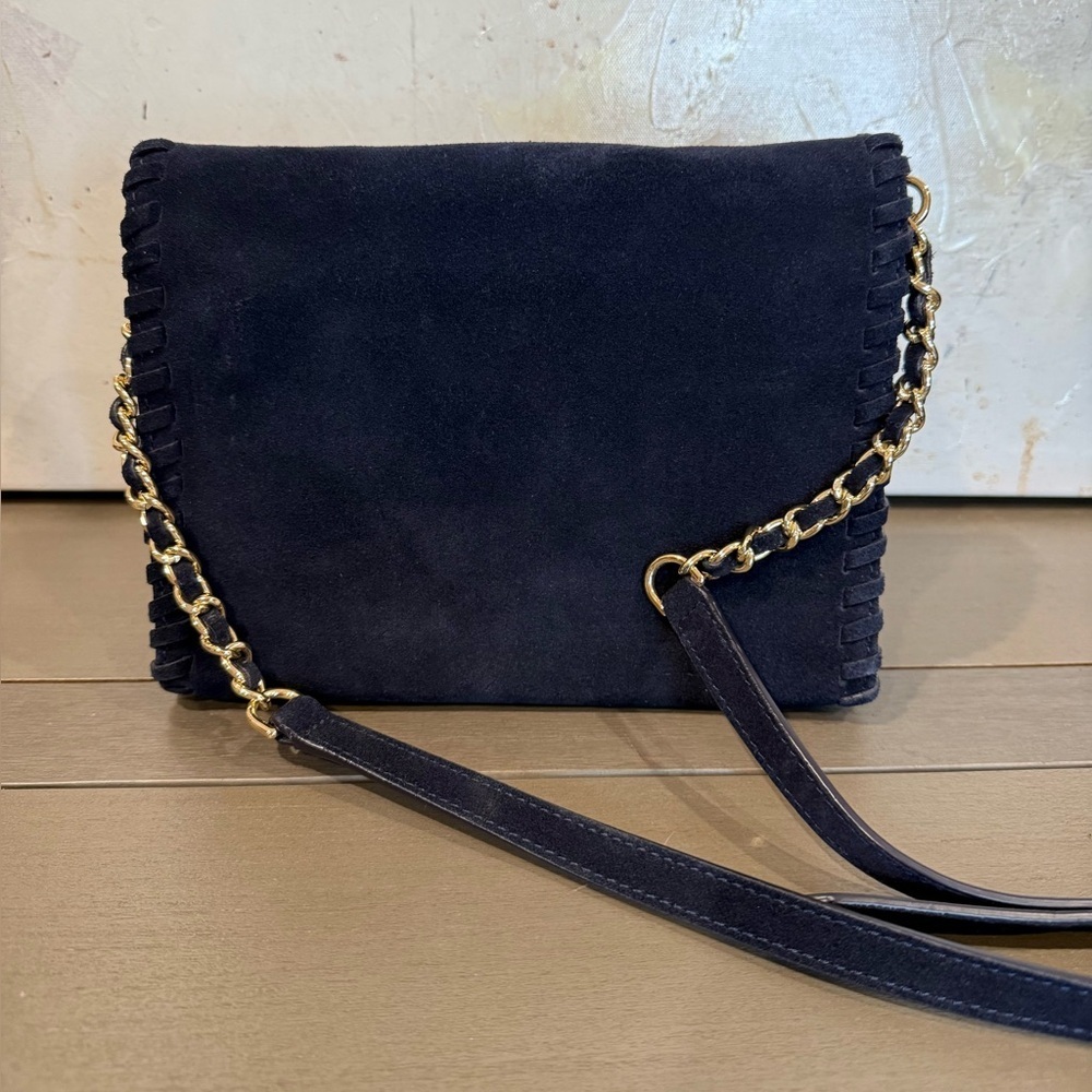 Tory Burch Marion Suede Crossbody Clutch Navy Blue Gold Chain Whipstitch Bag - Picture 4 of 12